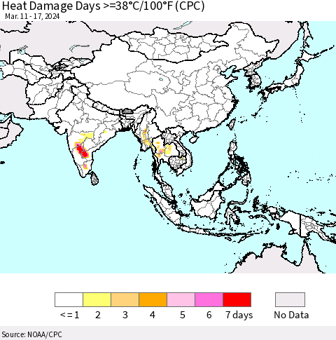 Asia Heat Damage Days >=38°C/100°F (CPC) Thematic Map For 3/11/2024 - 3/17/2024