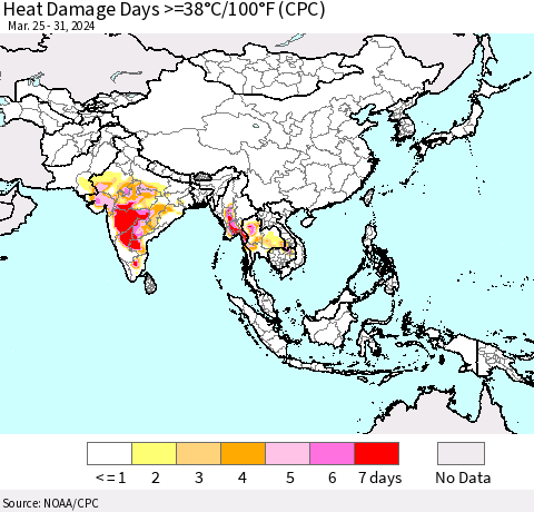 Asia Heat Damage Days >=38°C/100°F (CPC) Thematic Map For 3/25/2024 - 3/31/2024