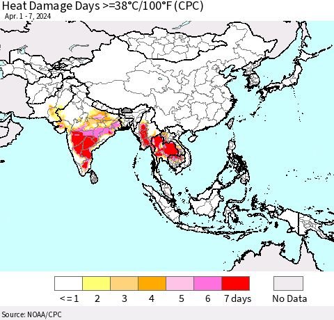 Asia Heat Damage Days >=38°C/100°F (CPC) Thematic Map For 4/1/2024 - 4/7/2024