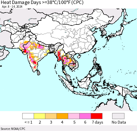 Asia Heat Damage Days >=38°C/100°F (CPC) Thematic Map For 4/8/2024 - 4/14/2024