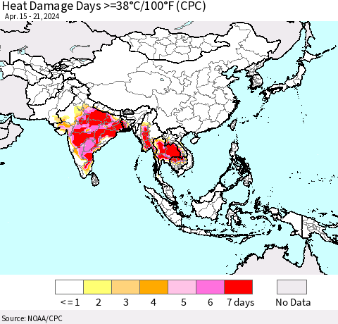 Asia Heat Damage Days >=38°C/100°F (CPC) Thematic Map For 4/15/2024 - 4/21/2024