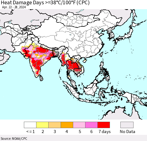Asia Heat Damage Days >=38°C/100°F (CPC) Thematic Map For 4/22/2024 - 4/28/2024