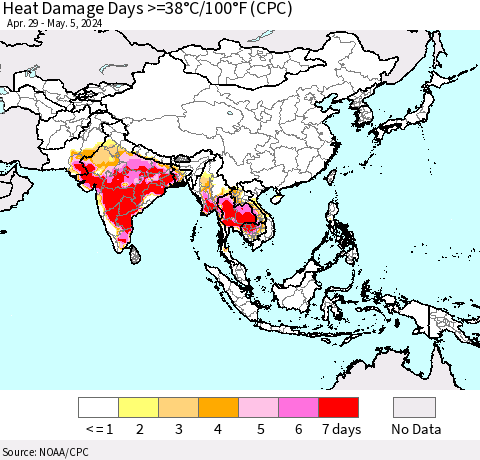 Asia Heat Damage Days >=38°C/100°F (CPC) Thematic Map For 4/29/2024 - 5/5/2024