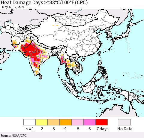 Asia Heat Damage Days >=38°C/100°F (CPC) Thematic Map For 5/6/2024 - 5/12/2024