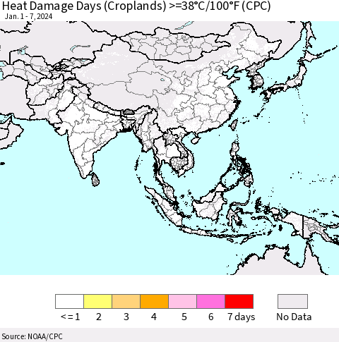 Asia Heat Damage Days (Croplands) >=38°C/100°F (CPC) Thematic Map For 1/1/2024 - 1/7/2024