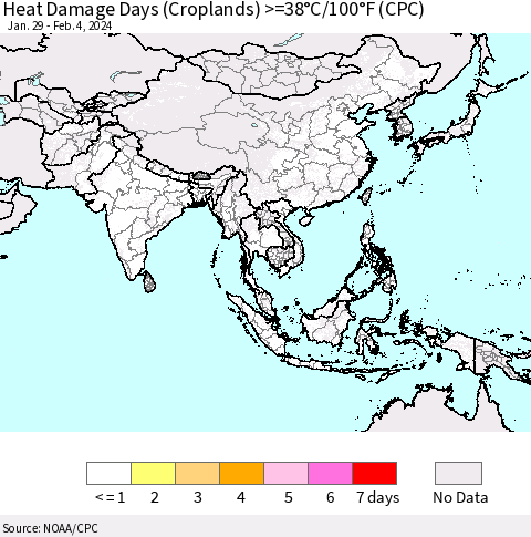 Asia Heat Damage Days (Croplands) >=38°C/100°F (CPC) Thematic Map For 1/29/2024 - 2/4/2024
