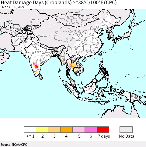 Asia Heat Damage Days (Croplands) >=38°C/100°F (CPC) Thematic Map For 3/4/2024 - 3/10/2024