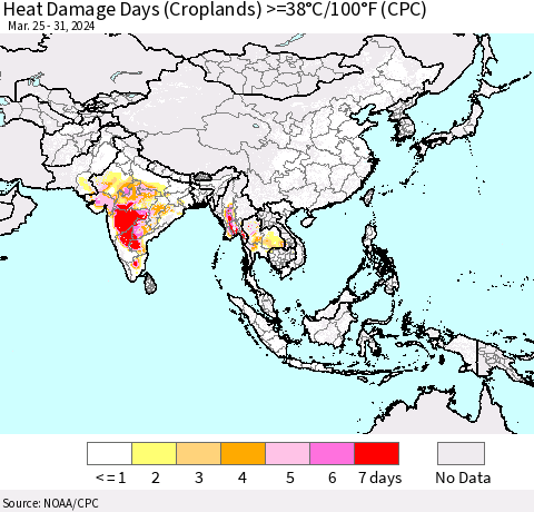 Asia Heat Damage Days (Croplands) >=38°C/100°F (CPC) Thematic Map For 3/25/2024 - 3/31/2024