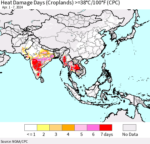 Asia Heat Damage Days (Croplands) >=38°C/100°F (CPC) Thematic Map For 4/1/2024 - 4/7/2024