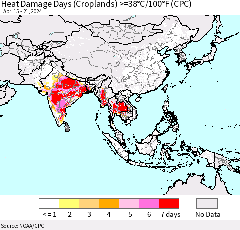 Asia Heat Damage Days (Croplands) >=38°C/100°F (CPC) Thematic Map For 4/15/2024 - 4/21/2024