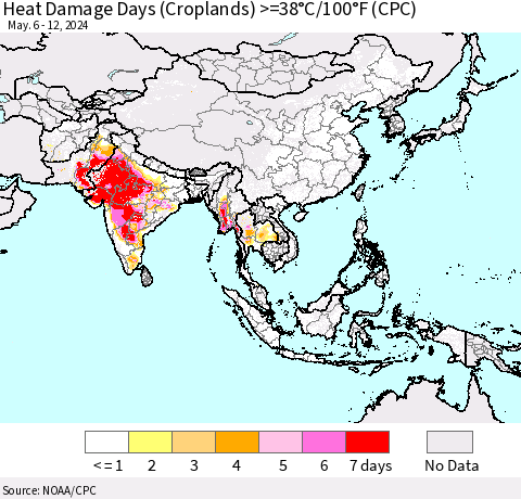 Asia Heat Damage Days (Croplands) >=38°C/100°F (CPC) Thematic Map For 5/6/2024 - 5/12/2024