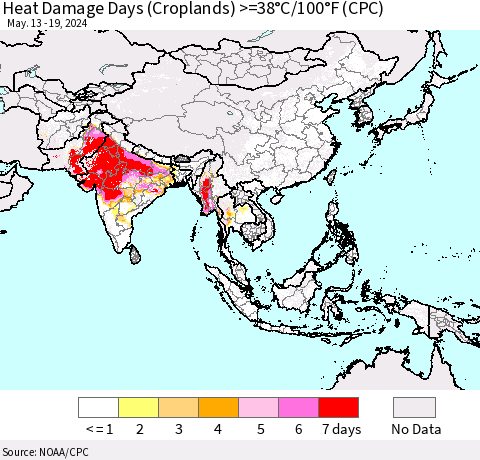 Asia Heat Damage Days (Croplands) >=38°C/100°F (CPC) Thematic Map For 5/13/2024 - 5/19/2024