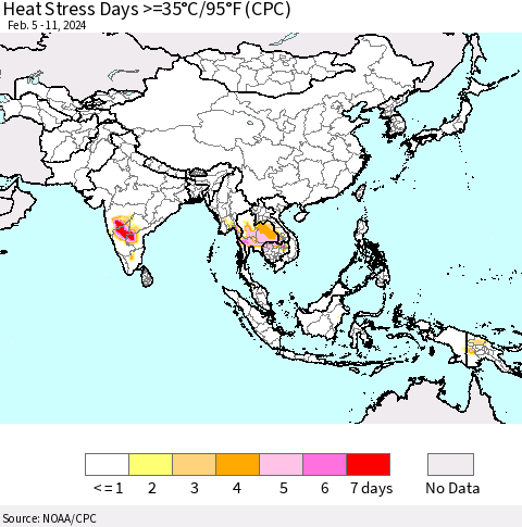 Asia Heat Stress Days >=35°C/95°F (CPC) Thematic Map For 2/5/2024 - 2/11/2024
