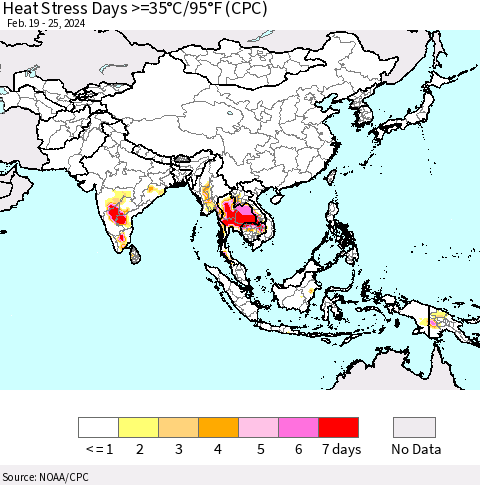 Asia Heat Stress Days >=35°C/95°F (CPC) Thematic Map For 2/19/2024 - 2/25/2024