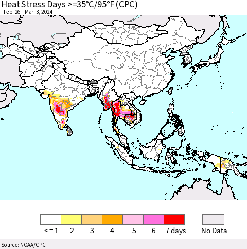Asia Heat Stress Days >=35°C/95°F (CPC) Thematic Map For 2/26/2024 - 3/3/2024