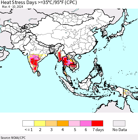 Asia Heat Stress Days >=35°C/95°F (CPC) Thematic Map For 3/4/2024 - 3/10/2024