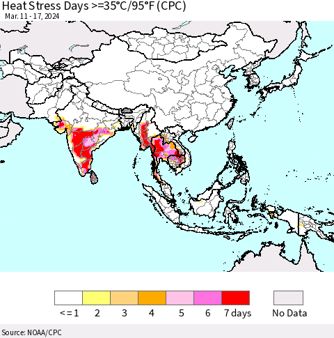 Asia Heat Stress Days >=35°C/95°F (CPC) Thematic Map For 3/11/2024 - 3/17/2024