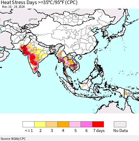 Asia Heat Stress Days >=35°C/95°F (CPC) Thematic Map For 3/18/2024 - 3/24/2024