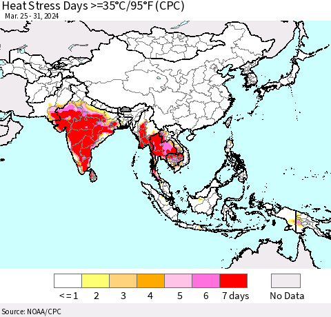 Asia Heat Stress Days >=35°C/95°F (CPC) Thematic Map For 3/25/2024 - 3/31/2024