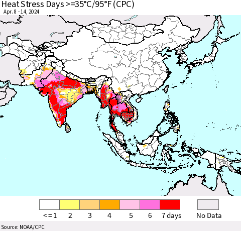 Asia Heat Stress Days >=35°C/95°F (CPC) Thematic Map For 4/8/2024 - 4/14/2024