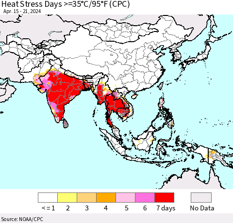Asia Heat Stress Days >=35°C/95°F (CPC) Thematic Map For 4/15/2024 - 4/21/2024