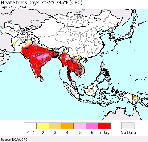 Asia Heat Stress Days >=35°C/95°F (CPC) Thematic Map For 4/22/2024 - 4/28/2024