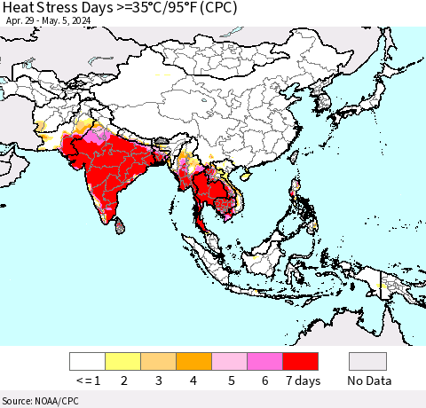 Asia Heat Stress Days >=35°C/95°F (CPC) Thematic Map For 4/29/2024 - 5/5/2024