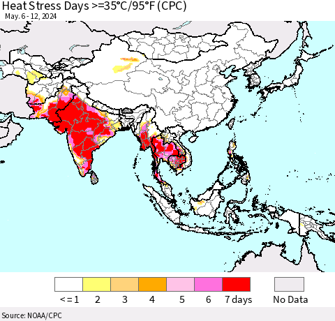 Asia Heat Stress Days >=35°C/95°F (CPC) Thematic Map For 5/6/2024 - 5/12/2024