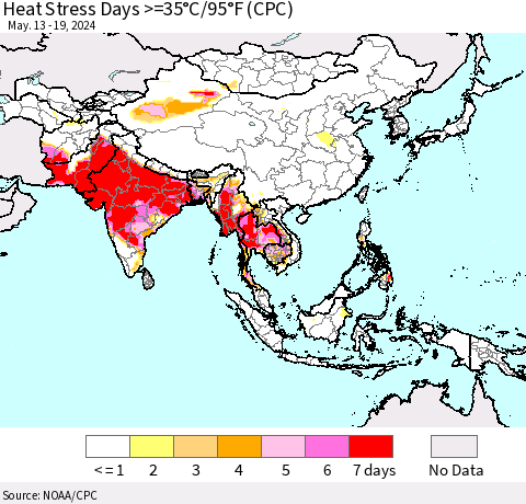 Asia Heat Stress Days >=35°C/95°F (CPC) Thematic Map For 5/13/2024 - 5/19/2024