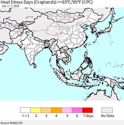 Asia Heat Stress Days (Croplands) >=35°C/95°F (CPC) Thematic Map For 1/1/2024 - 1/7/2024