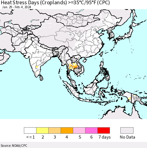 Asia Heat Stress Days (Croplands) >=35°C/95°F (CPC) Thematic Map For 1/29/2024 - 2/4/2024