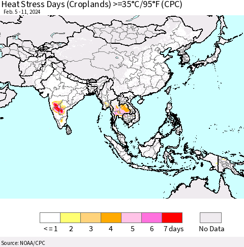 Asia Heat Stress Days (Croplands) >=35°C/95°F (CPC) Thematic Map For 2/5/2024 - 2/11/2024