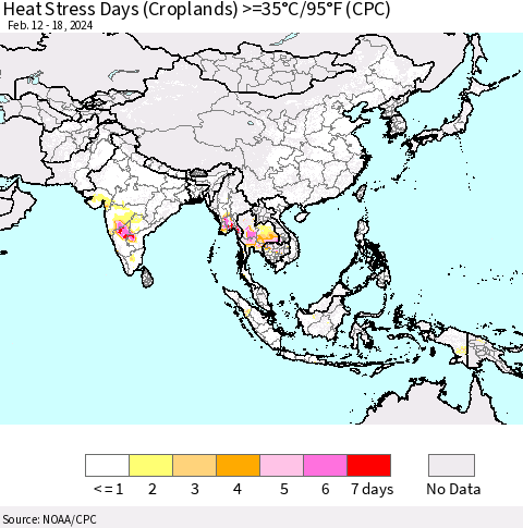 Asia Heat Stress Days (Croplands) >=35°C/95°F (CPC) Thematic Map For 2/12/2024 - 2/18/2024