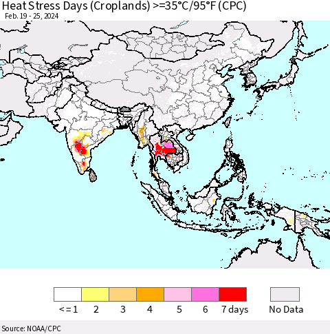 Asia Heat Stress Days (Croplands) >=35°C/95°F (CPC) Thematic Map For 2/19/2024 - 2/25/2024