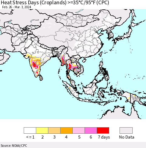 Asia Heat Stress Days (Croplands) >=35°C/95°F (CPC) Thematic Map For 2/26/2024 - 3/3/2024