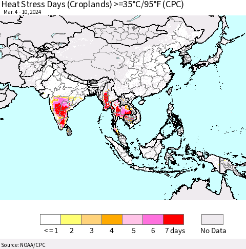 Asia Heat Stress Days (Croplands) >=35°C/95°F (CPC) Thematic Map For 3/4/2024 - 3/10/2024