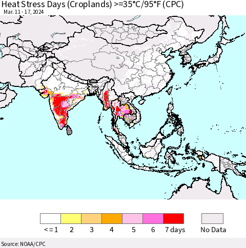 Asia Heat Stress Days (Croplands) >=35°C/95°F (CPC) Thematic Map For 3/11/2024 - 3/17/2024
