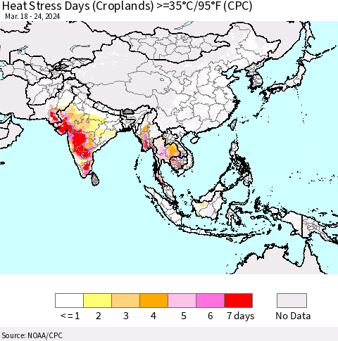 Asia Heat Stress Days (Croplands) >=35°C/95°F (CPC) Thematic Map For 3/18/2024 - 3/24/2024