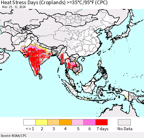 Asia Heat Stress Days (Croplands) >=35°C/95°F (CPC) Thematic Map For 3/25/2024 - 3/31/2024