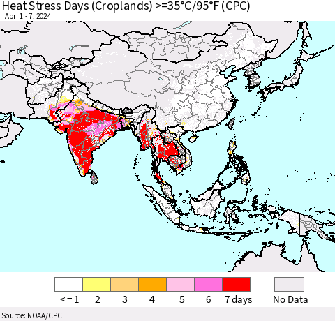 Asia Heat Stress Days (Croplands) >=35°C/95°F (CPC) Thematic Map For 4/1/2024 - 4/7/2024