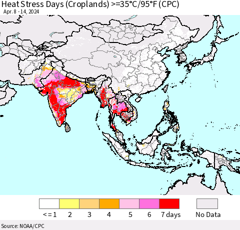 Asia Heat Stress Days (Croplands) >=35°C/95°F (CPC) Thematic Map For 4/8/2024 - 4/14/2024
