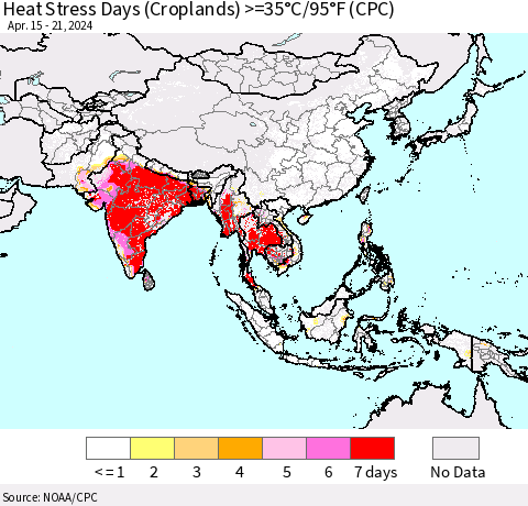 Asia Heat Stress Days (Croplands) >=35°C/95°F (CPC) Thematic Map For 4/15/2024 - 4/21/2024