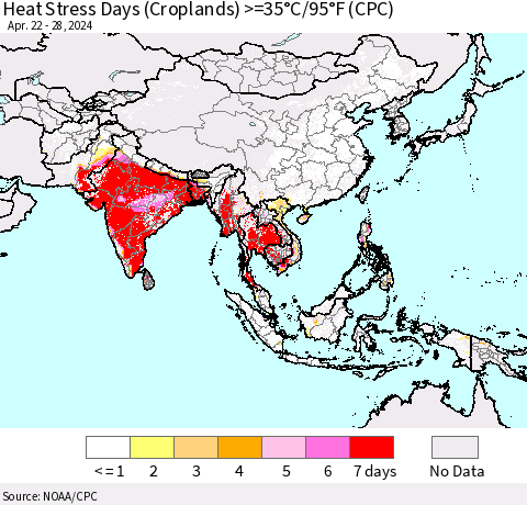 Asia Heat Stress Days (Croplands) >=35°C/95°F (CPC) Thematic Map For 4/22/2024 - 4/28/2024