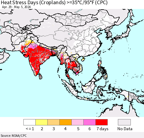 Asia Heat Stress Days (Croplands) >=35°C/95°F (CPC) Thematic Map For 4/29/2024 - 5/5/2024
