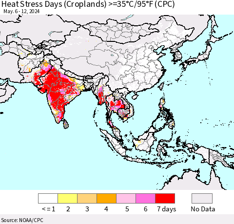 Asia Heat Stress Days (Croplands) >=35°C/95°F (CPC) Thematic Map For 5/6/2024 - 5/12/2024