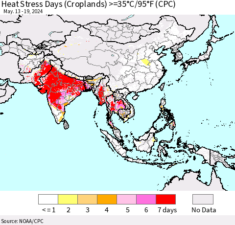 Asia Heat Stress Days (Croplands) >=35°C/95°F (CPC) Thematic Map For 5/13/2024 - 5/19/2024