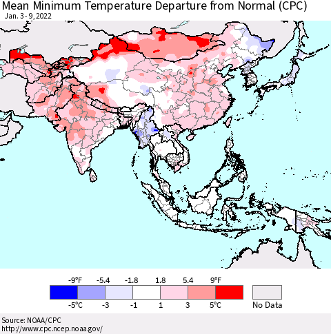 Asia Mean Minimum Temperature Departure from Normal (CPC) Thematic Map For 1/3/2022 - 1/9/2022
