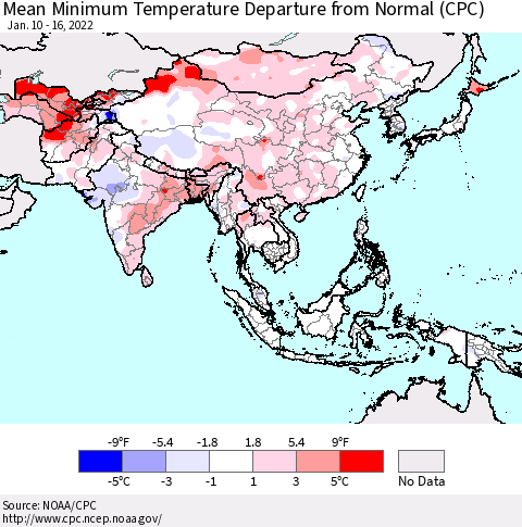 Asia Mean Minimum Temperature Departure from Normal (CPC) Thematic Map For 1/10/2022 - 1/16/2022