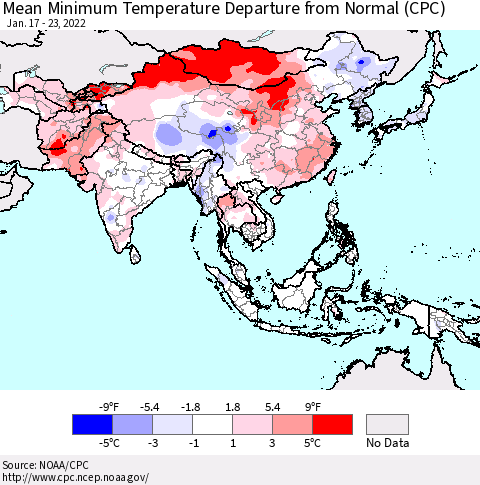 Asia Mean Minimum Temperature Departure from Normal (CPC) Thematic Map For 1/17/2022 - 1/23/2022