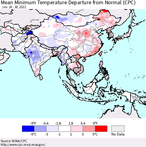 Asia Mean Minimum Temperature Departure from Normal (CPC) Thematic Map For 1/24/2022 - 1/30/2022